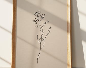 Minimalist Flower Line Art Print, One Line Botanical Sketch, Beige Aesthetic Wall Decor, Simple Plant Drawing, Abstract Boho Poster