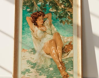 Summer Relaxation Wall Art Print, Woman in Hammock by the Ocean, Coastal Beach House Decor, Vintage Style Vacation Painting, Serene Escape