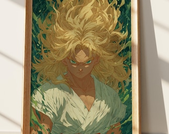 Super Saiyan Art Print | Dynamic Anime Warrior Poster | Intense Golden Hair Manga Wall Decor | Powerful Character Fan Art Gift