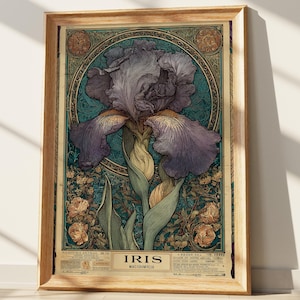 May include: A framed art print featuring a detailed illustration of an iris flower. The artwork showcases the flower's purple petals and green leaves against a teal and beige background. The word "IRIS" is displayed at the bottom.