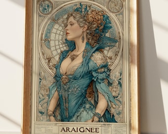 Art Nouveau Spider Woman Portrait Print, Vintage French Gothic Fantasy Wall Art, Elegant Femme Fatale Decor, Ornate Victorian Style