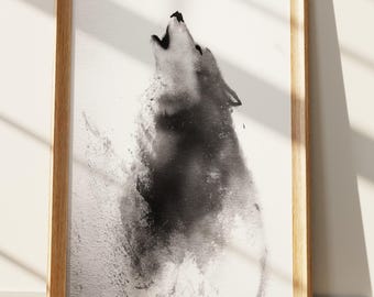 遠吠えするオオカミのアートプリント、墨絵、ミニマリストな白黒動物