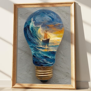 Impasto Ocean Art Print | Light Bulb Ship Painting with Textured Waves Sunset | Unique Nautical Seascape Wall Decor | Creative Idea Art