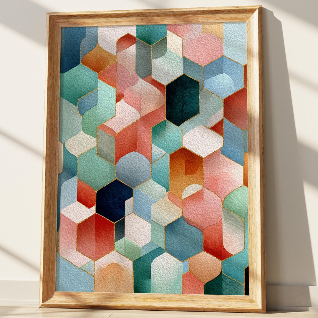 Abstract Geometric Watercolor Wall Art Print | Modern Hexagon Design ...