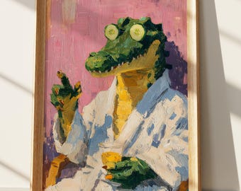Relaxing Alligator Art Print | Funny Crocodile Spa Day Painting | Whimsical Animal Portrait Wall Decor | Unique Gift for Home