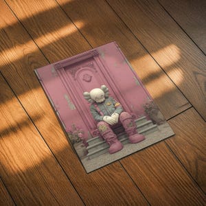 Roze urban pop-artprint met een KAWS-achtig Companion-figuur op een trap met een verweerde muurachtergrond. Modern streetart-decor. afbeelding 5