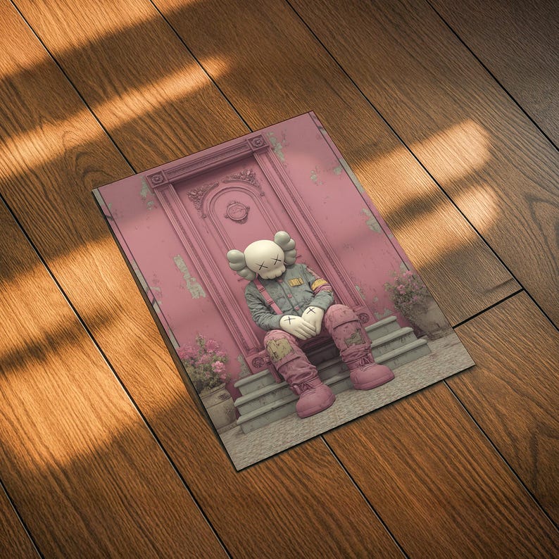 Roze urban pop-artprint met een KAWS-achtig Companion-figuur op een trap met een verweerde muurachtergrond. Modern streetart-decor. afbeelding 5
