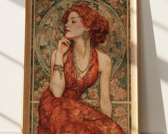 Art Nouveau Print of Elegant Red-Haired Woman, Mucha Style Wall Art, Vintage Portrait Decor, Intricate Floral Design, Timeless Beauty