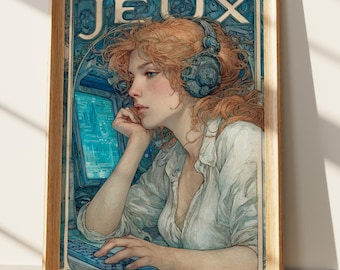 Art Nouveau Gamer Girl Print | Sci-Fi Digital Wall Art for Gaming Room | Retro Gaming Aesthetic Poster | Cyberpunk Portrait Decor