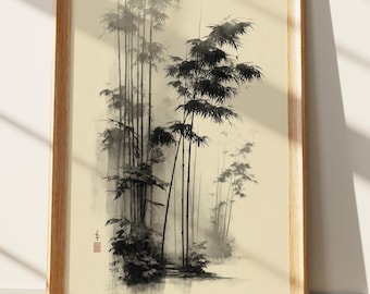 墨絵竹アートプリント | 穏やかな日本の水墨画 | 禅風の壁飾り | アジアの風景画ポスター | 伝統的な東アジアの美術