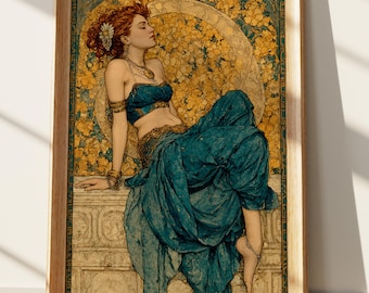 Impression Art nouveau d'une femme élégante en bleu sarcelle et or, art mural de style Mucha, affiche déco bohème, décoration florale exotique