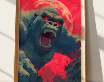 King Kong Inspired Wall Art - Roaring Giant Ape Poster with Red Moon Cityscape - Dramatic Kaiju Monster Print for Sci-Fi Decor