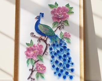 Paper Quilling Peacock Art Print, 3D Paper Craft Effect, Colorful Bird Poster, Floral Wall Decor, Textured Animal Art, Unique Gift