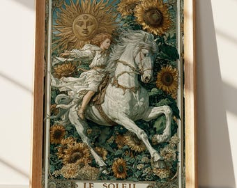 Art Nouveau Sun Tarot Print, Le Soleil The Sun Card Art, Celestial White Horse Sunflower Wall Decor, Mystical Goddess Oracle Poster