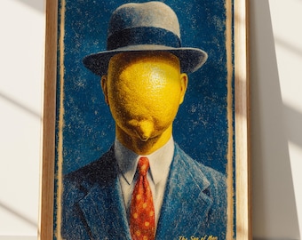 Surreal Art Print | Lemon Man Wall Art | Magritte Inspired Abstract Portrait | Unique Modern Home Decor | Quirky Fruit Head Artwork