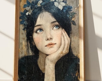 Ethereal Girl Portrait Art, Whimsical Blue-Eyed Woman with Flower Crown, Distressed Rustic Wall Art Print, Dreamy Feminine Decor