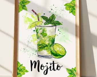Impression d'art aquarelle Mojito | Décoration murale cocktail rafraîchissante | Enseigne de chariot de bar de cuisine | Illustration de boisson à la menthe et au citron vert pour la décoration intérieure