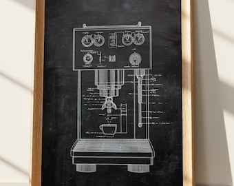Espressomachine blauwdruk schoolbord Art Print, koffieliefhebber cadeau voor keukendecor, barista kunst aan de muur, vintage industrieel ontwerp