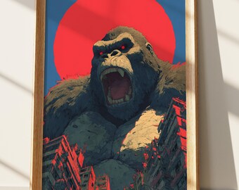 Kaiju Wall Art Print | Giant Gorilla Roaring Over City with Red Sun | Epic Monster Movie Poster Style Decor | Vibrant Sci-Fi Ape Artwork