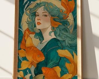 Art Nouveau goudvis vrouw print, etherische groenblauw en oranje muurkunst, mystiek vrouwelijk decor, serene gouden vis kunstwerk voor thuis