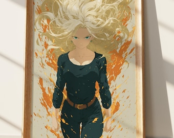 Powerful Anime Woman Wall Art with Fiery Aura | Dynamic Blonde Haired Character Print | Intense Green Eyes Digital Poster