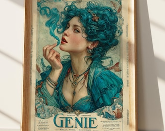 Genie Wall Art Print, Art Nouveau Fantasy Woman Poster, Mystical Teal Hair Goddess Digital Download, Vintage Magic Room Decor Gift for Her
