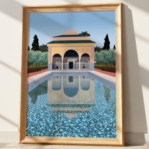 Moroccan Wall Art, Marrakech Menara Pavilion Print, Serene Islamic Architecture Garden Pool Reflection Digital Download
