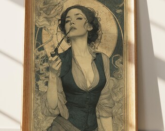 Steampunk Woman Art Print, Vintage Femme Fatale Portrait, Dark Academia Aesthetic Wall Decor, Mysterious Alluring Female Illustration