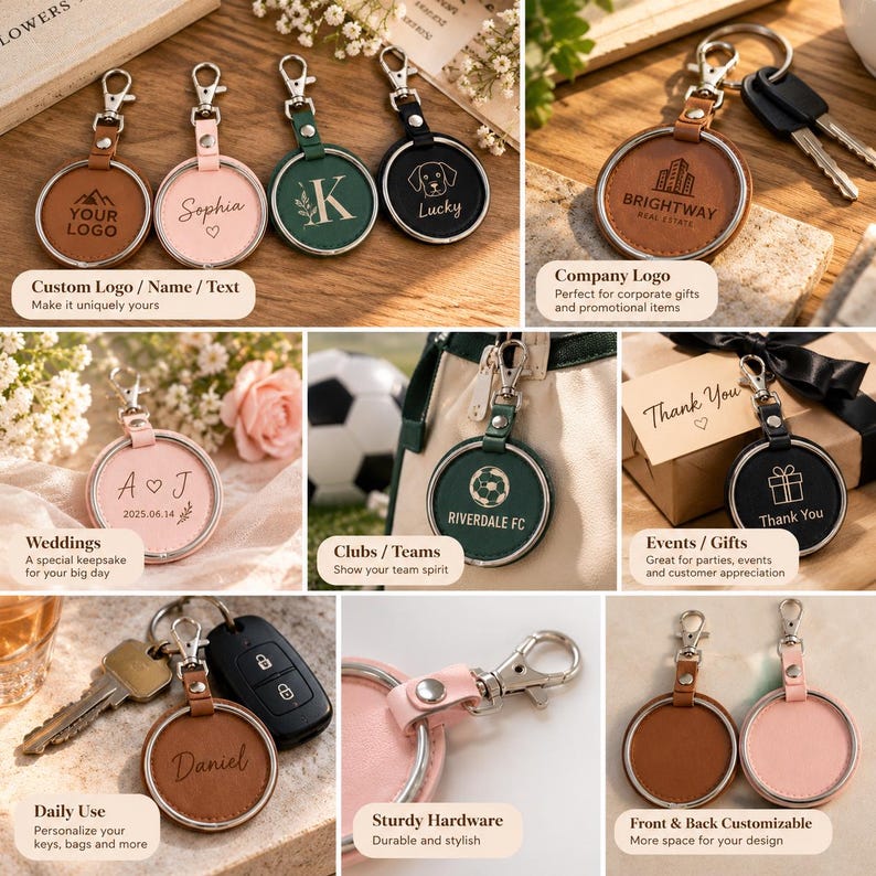Custom Designed Key Chains Set of 5 10 50 Custom Leather Keychains, Corporate Gifts, Wedding ...
