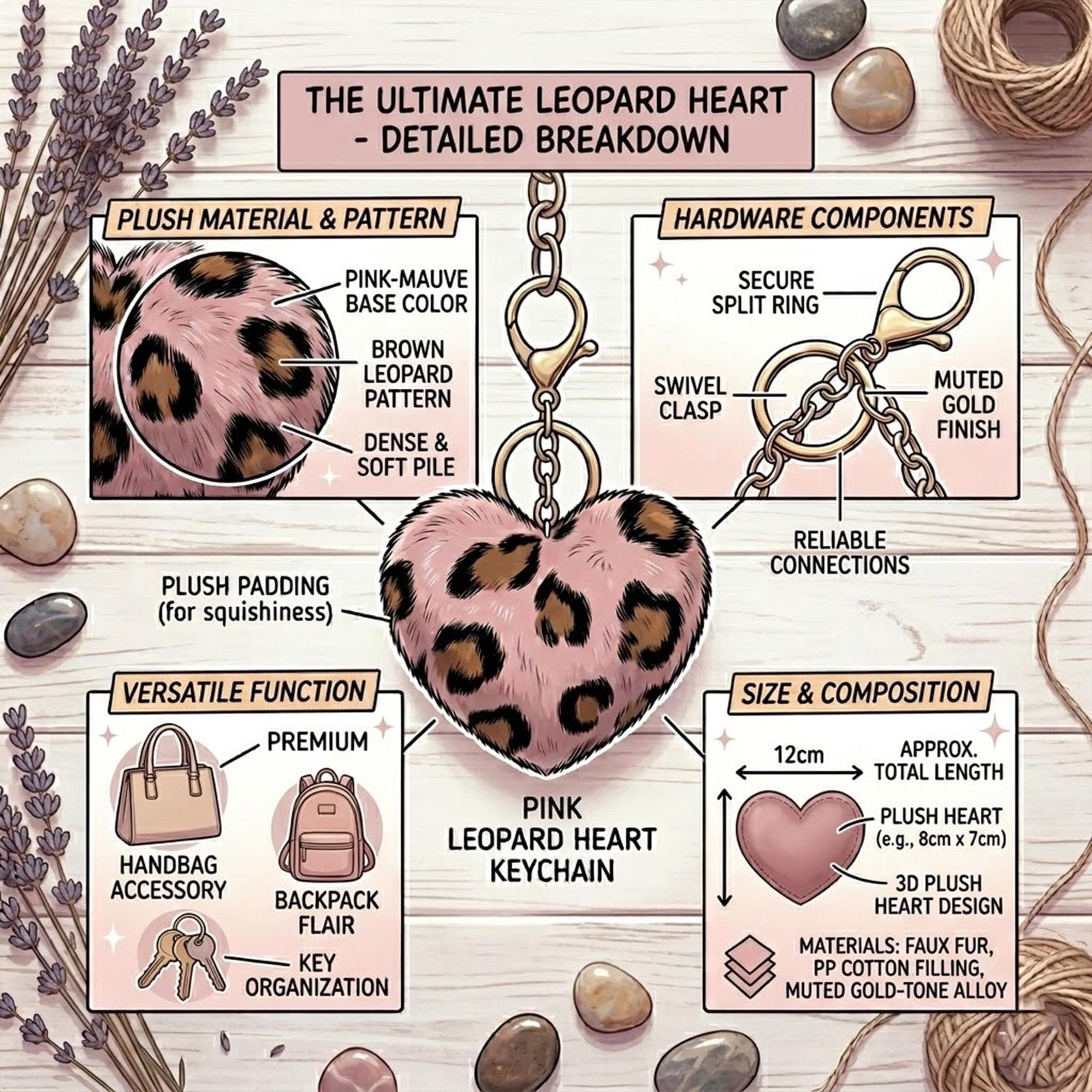 Plush Leopard Heart Keychain, Fluffy Faux Fur Bag Charm, Y2K Pom