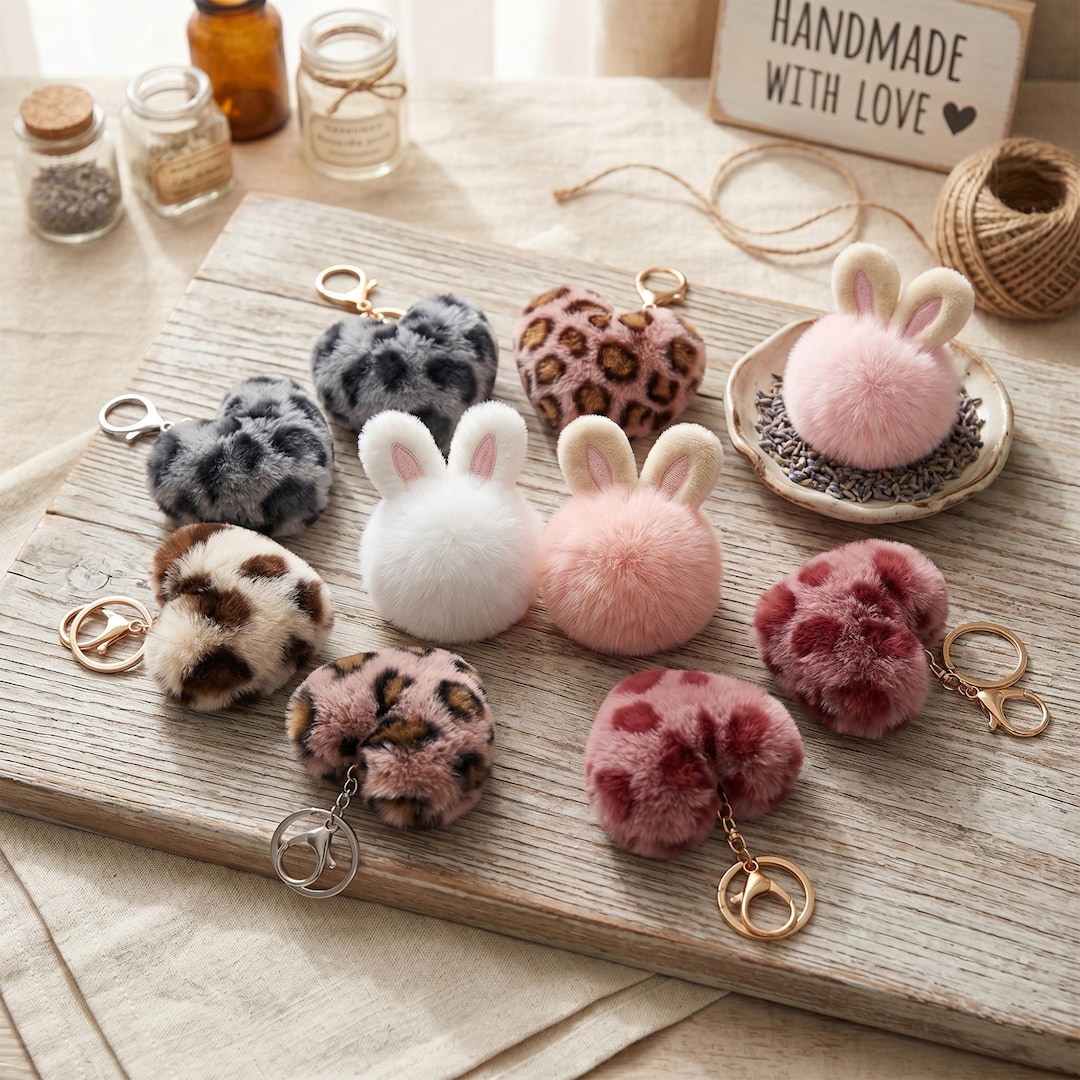 Plush Leopard Heart Keychain, Fluffy Faux Fur Bag Charm, Y2K Pom