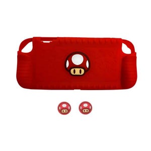 May include: A red Nintendo Switch Lite case with a mushroom design. The case has a textured surface and includes two matching thumb grips. The mushroom design features a white top and a brown base.