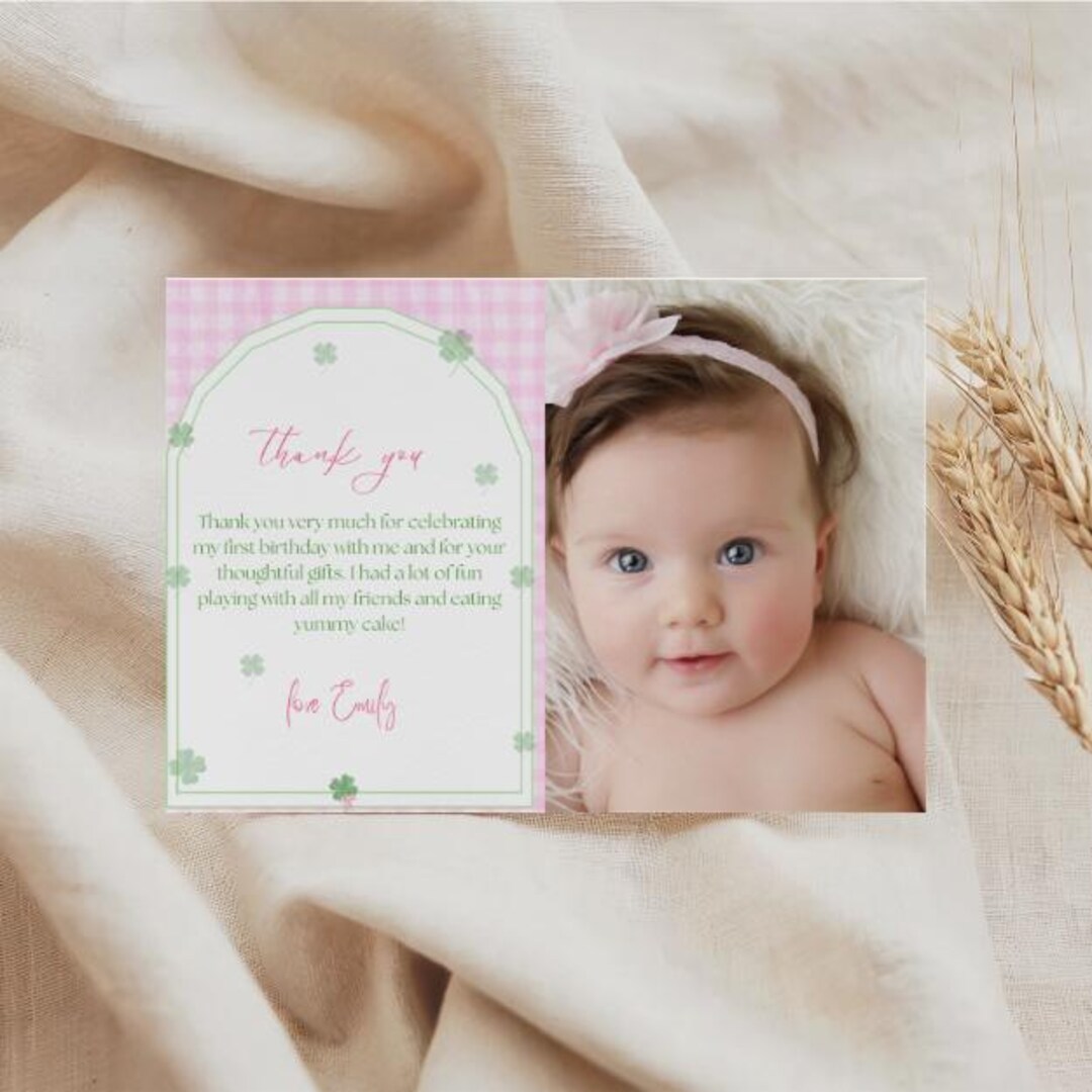 Editable St Patricks Day Theme Birthday Thank You Card, Pink Gingham ...