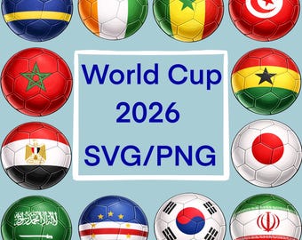 World Cup 2026 PNG/SVG Countries Bundle, 14 team balls svg/png files, soccer jersey, gear, game day printabes.