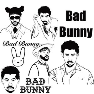 Könnte beinhalten: Schwarz-Weiß-Strichzeichnung mit mehreren Illustrationen von Bad Bunny. Das Bild enthält verschiedene Porträts des Künstlers, ein Hasenlogo und die Worte "Bad Bunny" in verschiedenen Schriftarten.