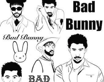 Bad Bunny PNG/SVG line art, 9 Digital Images, High-Resolution Transparent PNG