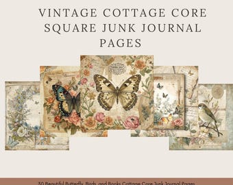 Cottagecore Junk Journal Pages Printable | Vintage Floral Bird & Butterfly Ephemera | Shabby Chic Scrapbook Kit | Square Journal  300 Dpi