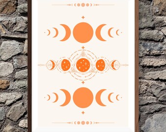 Terracotta Moon Phase Wall Art Printable | Boho Celestial Sun & Lunar Art | Modern Minimalist Spiritual Decor | Orange Sacred Geometry Print