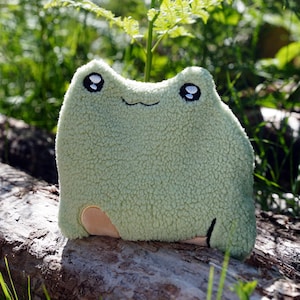 May include: A light green plush frog toy made of textured sherpa fabric. The frog features embroidered black and white eyes, a simple stitched mouth, and two small light pink accents at the bottom corners representing feet or hands.