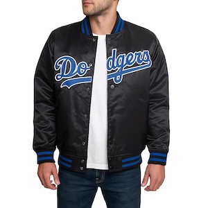 LA Dodgers Satin Bomberjacke | Schwarz Blau Varsity Baseballjacke Herren Retro Starter Style Mantel Leichte Spieltag Jacke Geschenk für Ihn