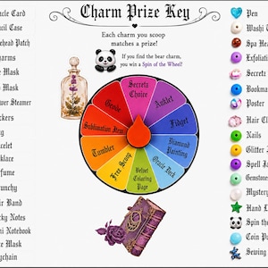 May include: A Charm Prize Key chart featuring a colorful prize wheel with segments labeled Secretz Choice, Anklet, Fidget, Diamond Painting, Oracle Deck, Velvet Coloring Page, Free Scoop, Tumbler, Sublimation Item, and Geode, alongside a list of charms.
