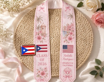 Custom Pink Puerto Rico USA Graduation Stole Class of 2026 Personalized Name Coqui Floral Satin Sash Heritage Senior Commencement Gift Idea