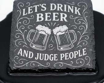 Personalized Slate Coaster Set of 4, Engraved Natural Black Stone, Housewarming Bar Office Gift