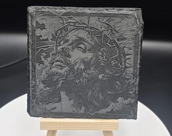 Engraved Slate Coaster – Jesus Christ Portrait – Rustic Religious Decor – Christian Gift – Natural Stone Coaster