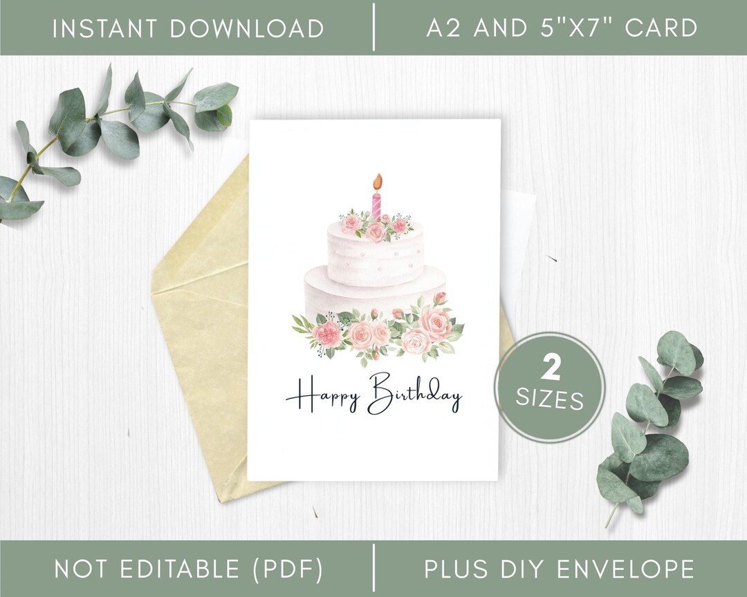 Pink Rose Cake Birthday Card Printable | A2 and 5x7 | Folded & Flat ...