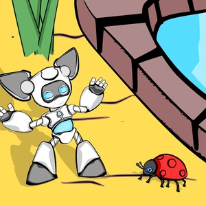 May include: A cartoon illustration of a white robot with gray accents and blue eyes, standing with arms raised. A red ladybug with black spots and a black body is nearby. The background is yellow with a brick well and green grass.