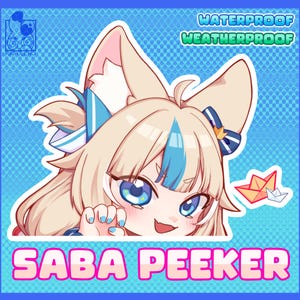May include: A sticker featuring a cartoon character with tan hair, blue eyes, and blue accents. The text "WATERPROOF WEATHERPROOF" and "SABA PEEKER" are displayed. The background is blue with a dotted pattern.