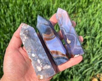 Natural Blue Flower Agate Point,Raw Crystal Obelisk ing,Home Decor