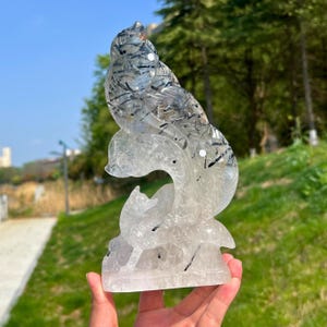 3.06LB Unique Quartz Tourmaline Nine-Tailed Fox Carving,Crystal Fox Skull,Reiki Healing,Home Decor