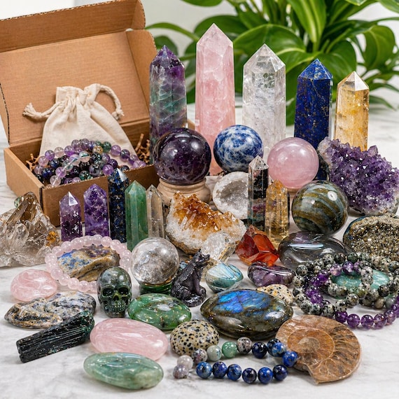 Mystery Crystals Box,Raw & Tumbled Stones Bundle, Crystal Confetti, Bulk Crystals Gift Box, Surprise Crystal Lot